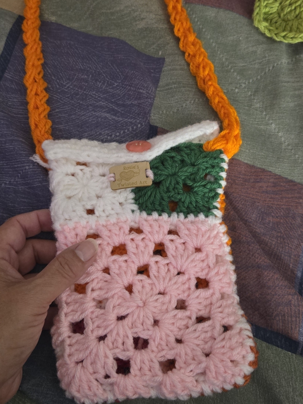 Crocheted Phone Crossbody - Pink, White, Green & Orange
